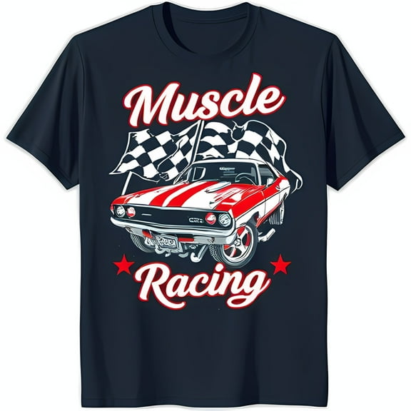 Bold Red Muscle Car Graphic on Dark Blue T-Shirt Racing Design