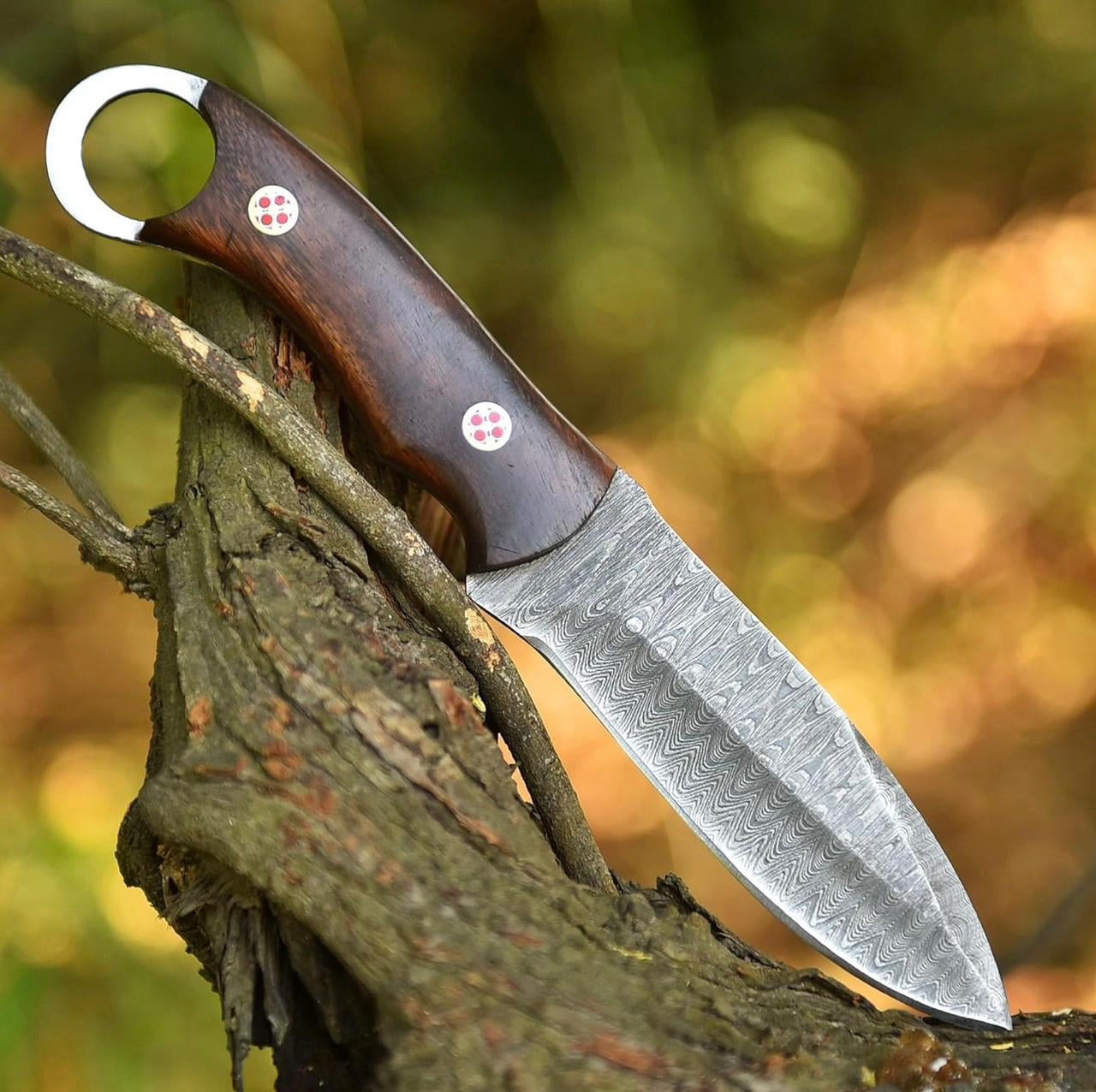 Damascus Steel Hunting Knife with Wooden handle, Fixed Blade Knife with Leather Sheath, Outdoor Camping Survival Knife