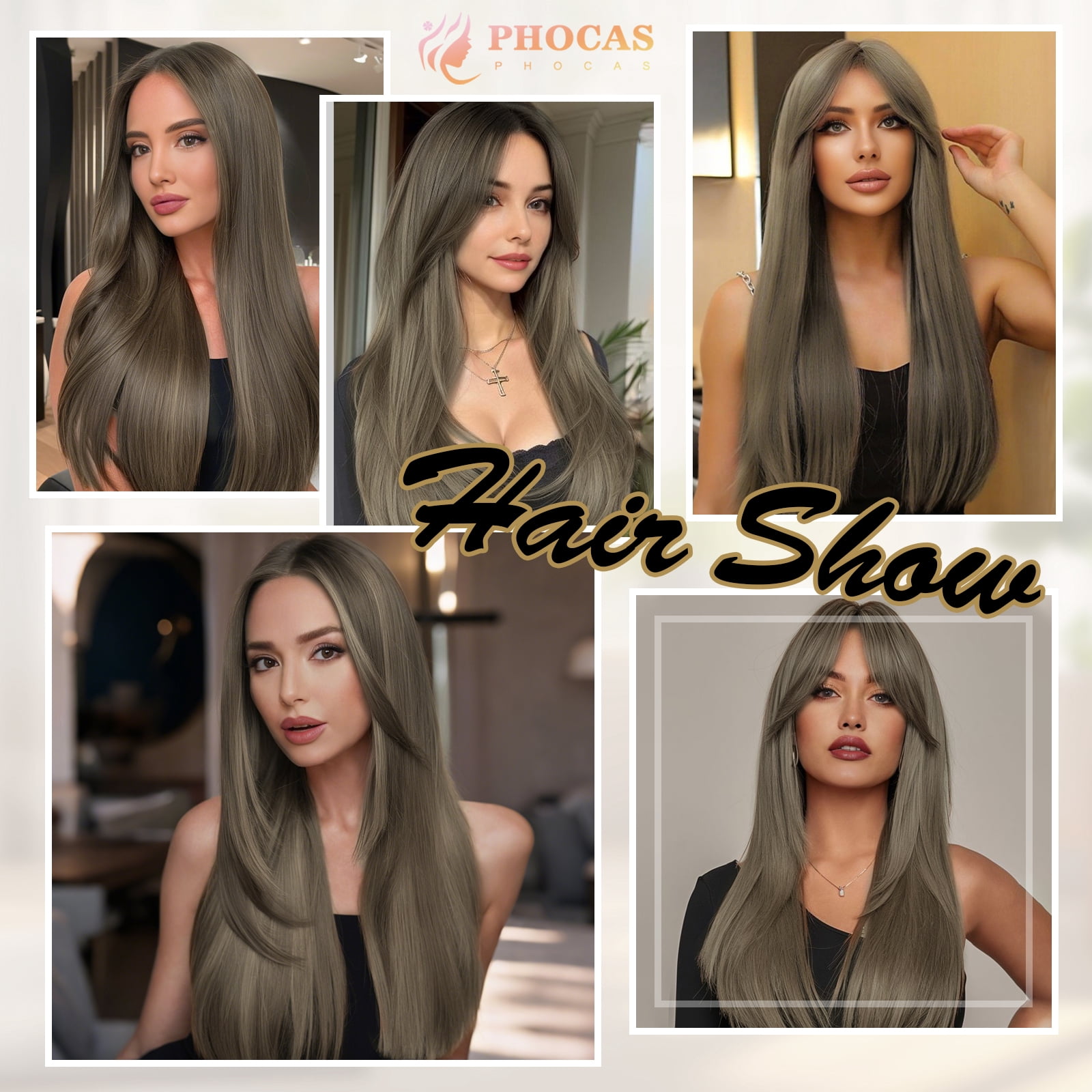Phocas 23" Long Straight Brown Wig with Bangs Middle Part Layered Cool Light Brown Wig Wear and Go Heat-Resistant Natural Synthetic Wigs for Women Daily Party Use