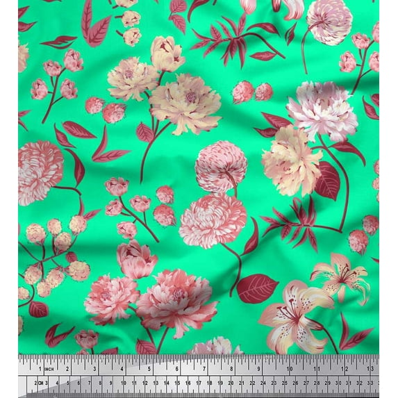 Soimoi Green Rayon Crepe Fabric Leaves & Artistic Floral Print Fabric by The Yard 46 Inch Wide