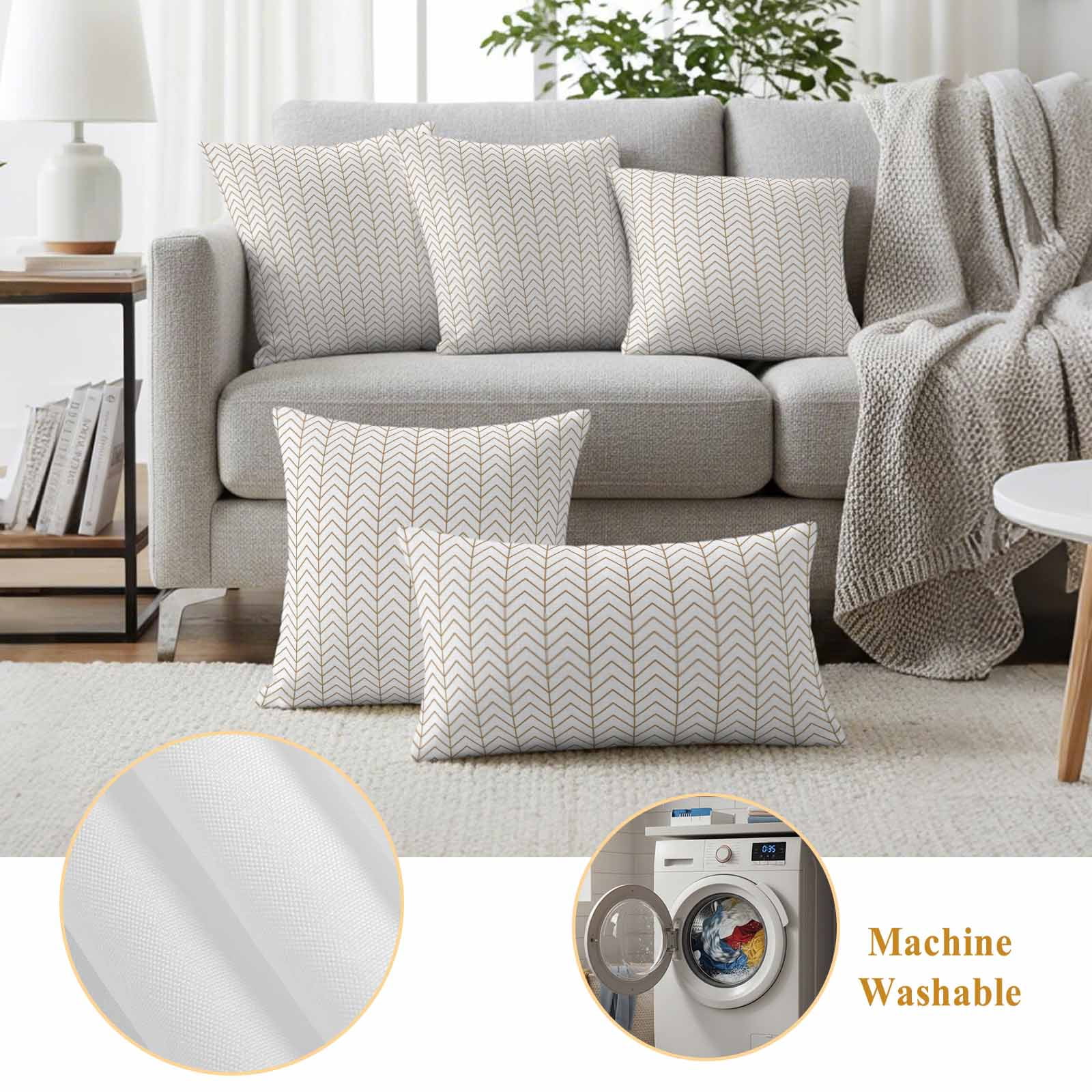 Simple Line White Outdoor Waterproof Pillow Covers, Beige Modern Art Geometric Decorative Square Throw Pillowcase Sofa Cushion Sham for Patio/Couch/Chair, 26"x26" 2 Pack