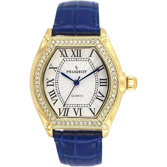 Peugeot Women's 36mm Blue Watch Barrel Shaped Tank Case Leather Strap
