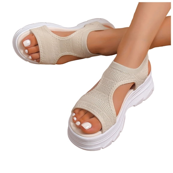 Womens Platform Sandals Cutout Knitted Mesh Slip on Walking Shoes Summer Comfy Breathable Beach Dress Shoes Beige Size 6.5