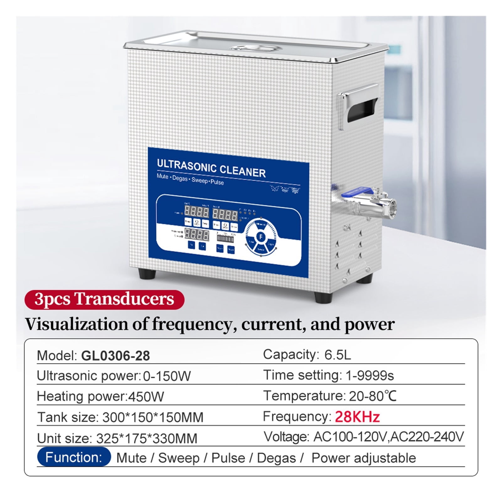 Multi-frequency Ultrasonic Cleaner 6.5L 28/40/68/80/120KHz Options 150W Ultrasound Washer Laboratory Use