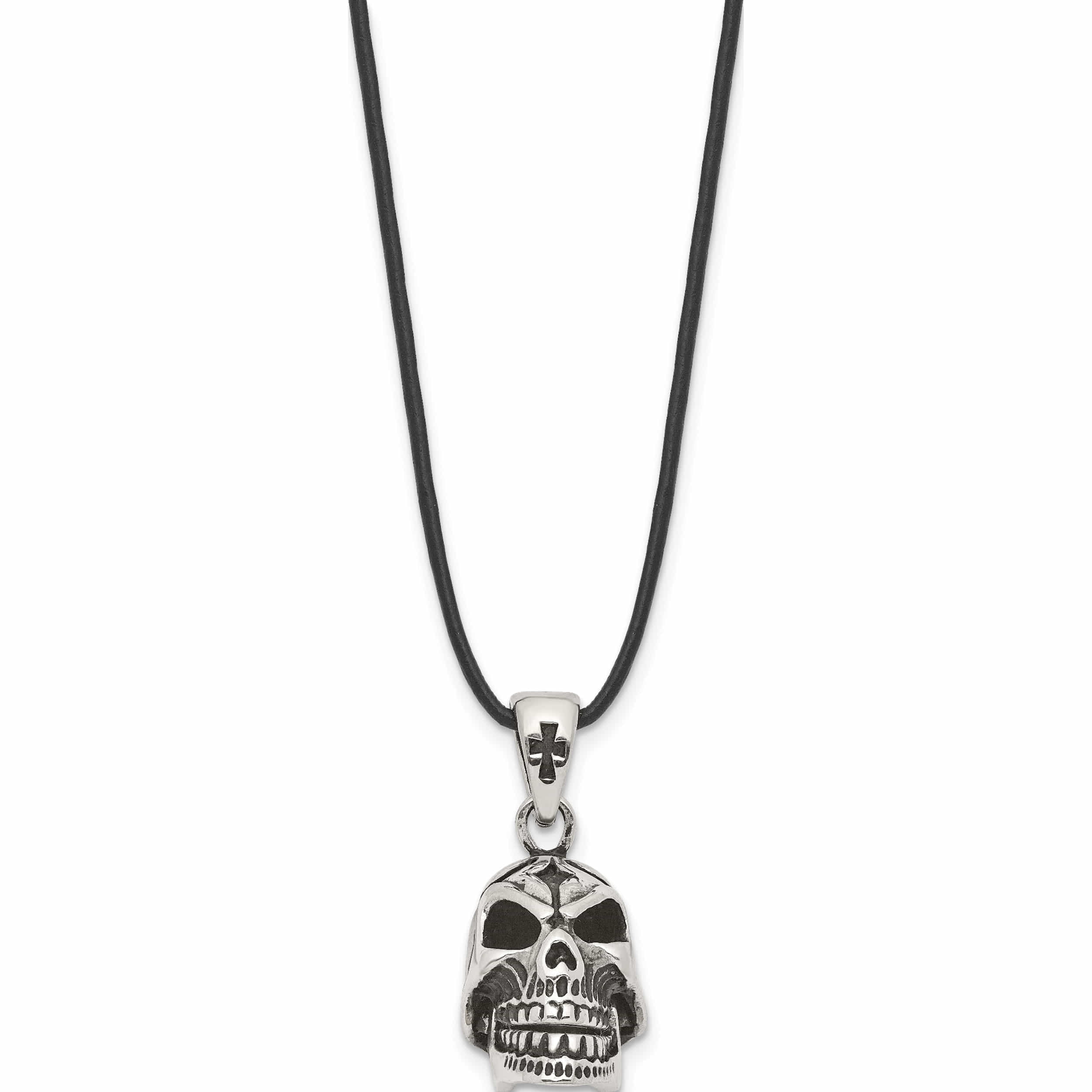 Stainless Steel Antiqued & Polished Moveable Skull Leather Cord Necklace Made In China -Jewelry By Sweet Pea