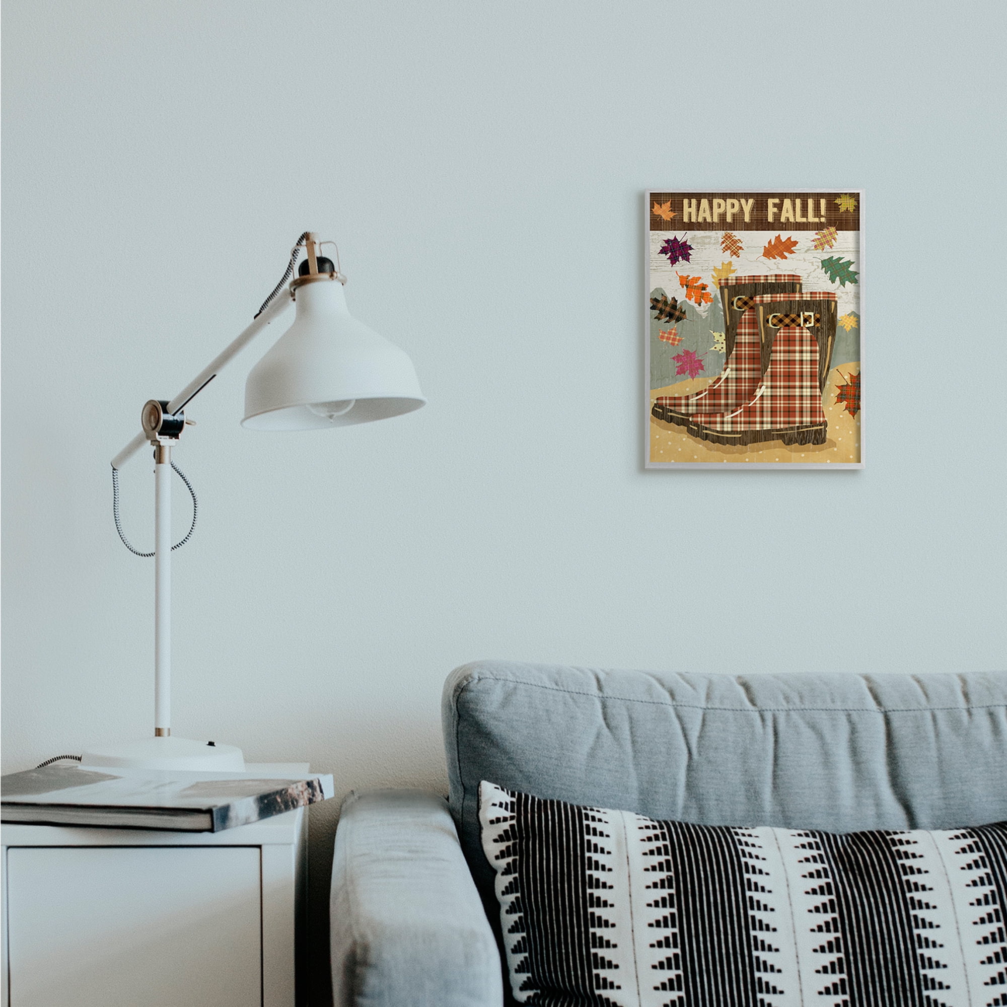 Stupell Industries Happy Fall Phrase Plaid Boots and Foliage Landscape Painting Gray Framed Art Print Wall Art, 11 x 14