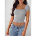 thumbnail image 2 of Women Y2k Summer Slim Fit Crop Tops Lace Trim Short Sleeve Square Neck Show Navel Ribbed T-Shirt, 2 of 5