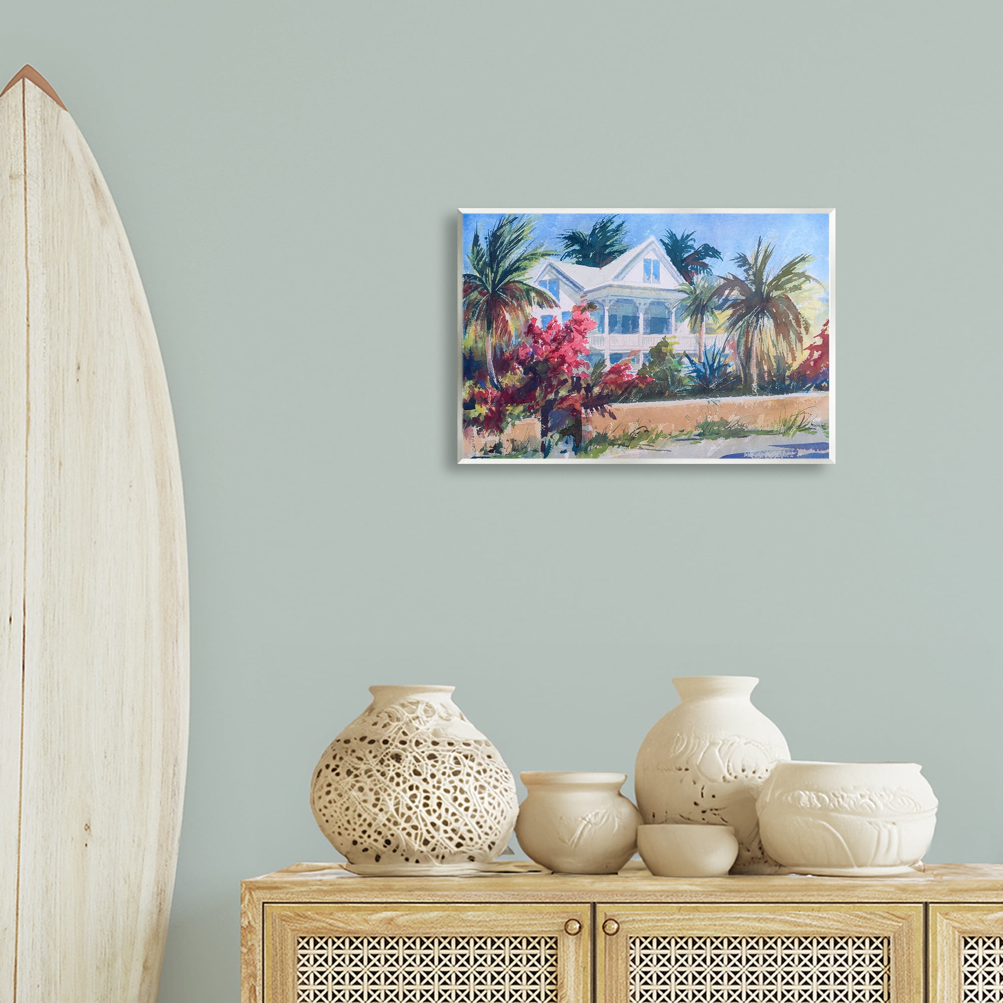 Stupell Industries Palm Tree Cottage Landscape Painting Unframed Art Print Wall Art, 19 x 13