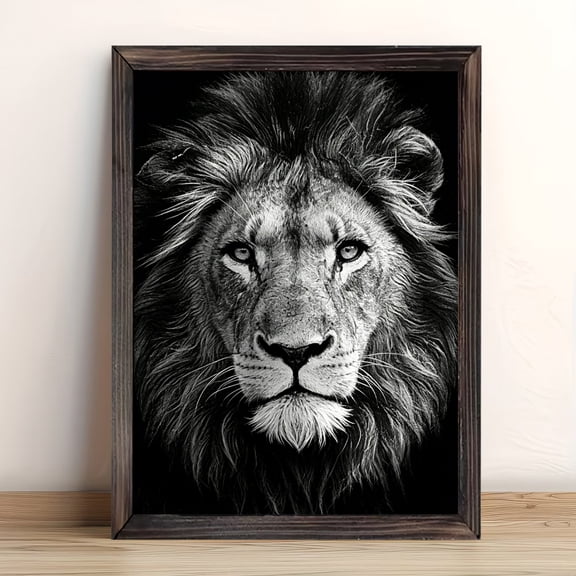 12x16in Framed Black and White Lion Face Portrait Wood Print, Majestic Animal Wall Art for Living Room Office Home Decor