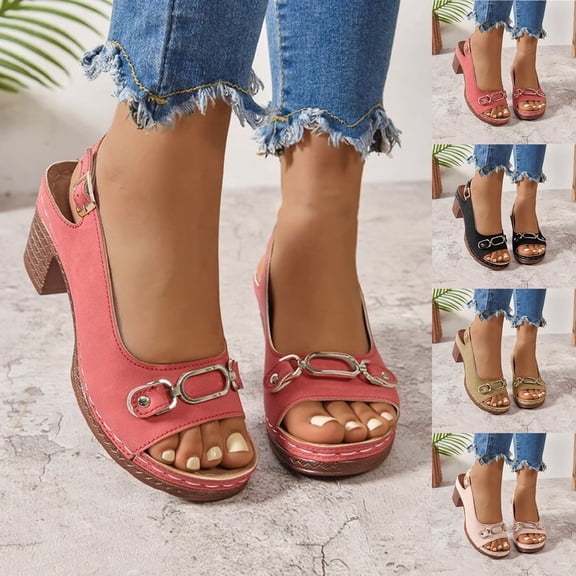 GERsome Block Heels Sandals for Women Low Platform Open Toe Slingback Slip On Summer Vacation Beach Sandals, Red Size 5.5