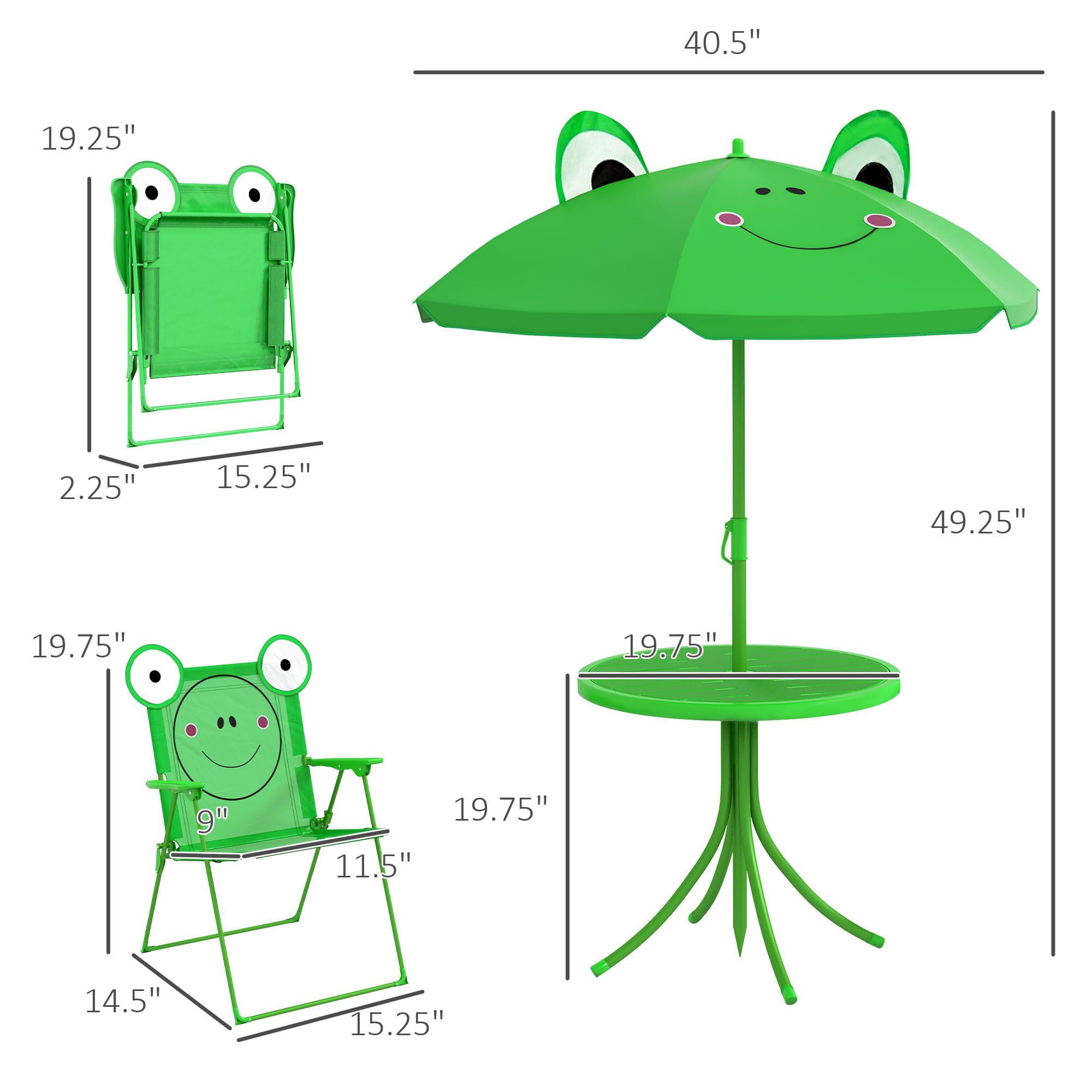 Folding Kids Table and Chair Set, Picnic Table with Frog Pattern Removable & Height Adjustable Sun Umbrella for Garden, Backyard, Green