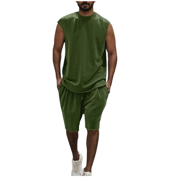 Stamzod Men Short Sets Outfits 2 Piece Fashion Solid Color Sleeveless Tank Tops and Shorts Casual Loose Plus Size Summer Outfits for Men Army Green XXL