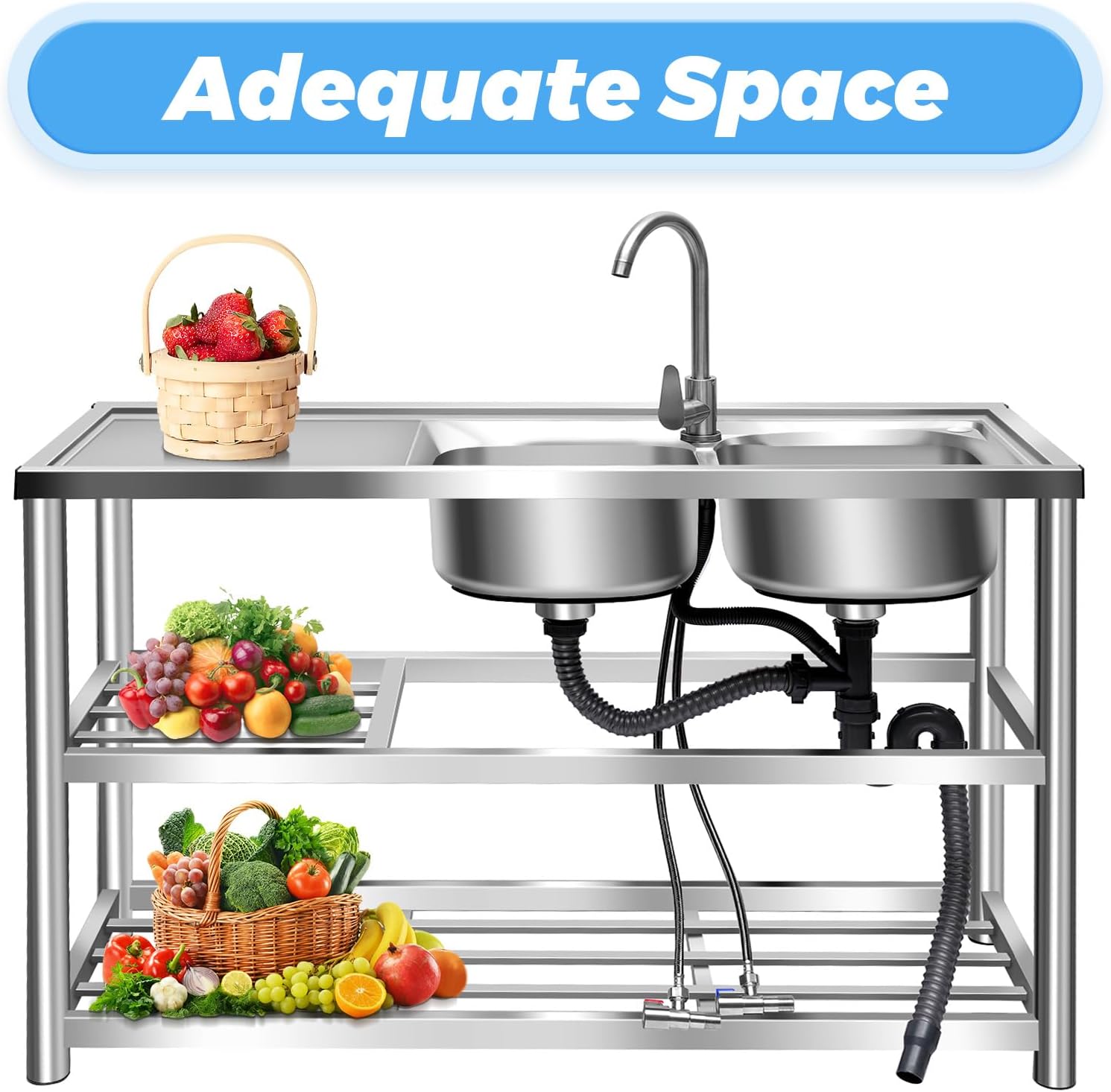 Miumaeov Large Double Bowl Kitchen Sinks, Stainless Steel Utility Sink with 2-Tier Shelves, Indoor/Outdoor Sink for Garage, Farmhouse