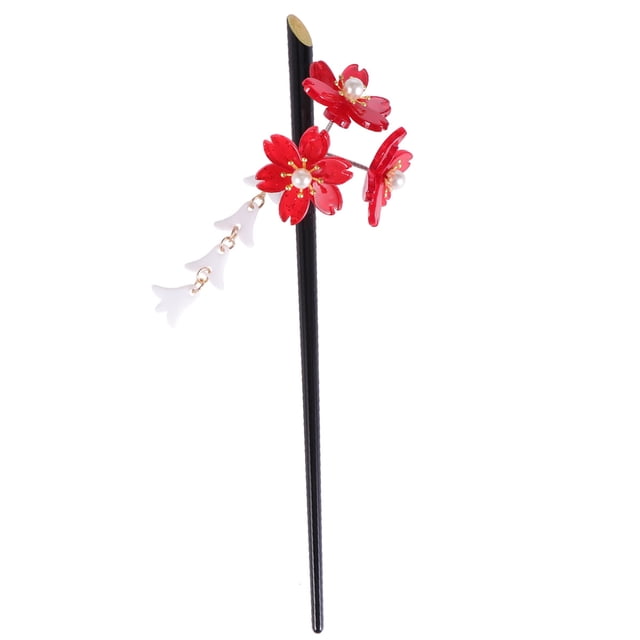 KAKOWELY Barrette Vintage en Acrylique avec Grappe de Fleurs de Cerisier Rouges en Acrylique et Épingle à Franges à Pompon Accessoires pour Cheveux pour Femmes et Filles,7.17x"X1.89"X0.39 Pouces