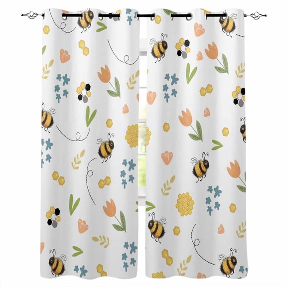 Flowers Bees Blackout Curtains for Bedroom/Living Room, Thermal Insulated Kitchen Curtains, Spring Cartoon Botanical Tulip Flowers Leaves Grommet Darkening Window Treatment Drapes 42"x63"x2
