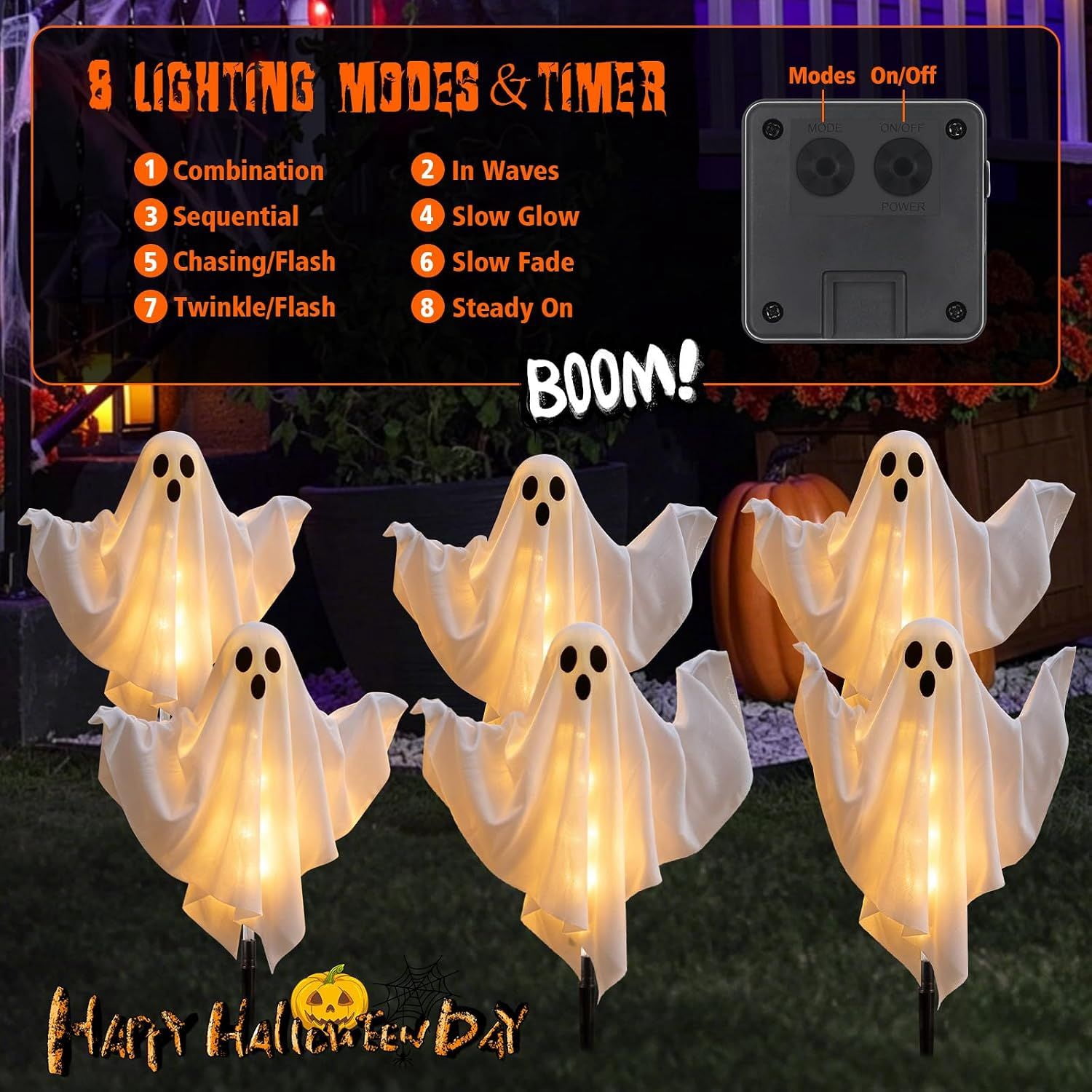 Solar Halloween Ghost Lights, 6-Piece Outdoor Stake Decorations with Warm White Glow and Poseable Arms for Garden Path, Yard, Porch, and Haunted House Displays
