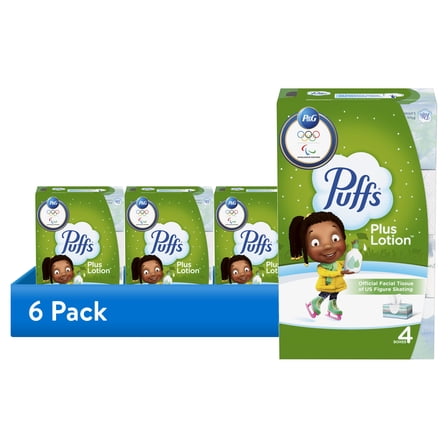 (6 pack) Puffs Plus Lotion Facial Tissues, 4 Family Boxes, 124 tissues per box