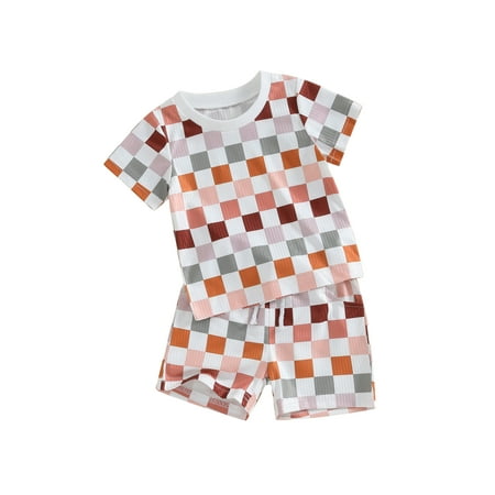 

FEORJGP Toddler Boys Summer Outfit Infant Short Sleeve T-shirt Contrast Color Plaid Jumpers Crewneck Tops and Checkerboard Print Shorts Sets Newborn Baby Loose Casual Clothes Set