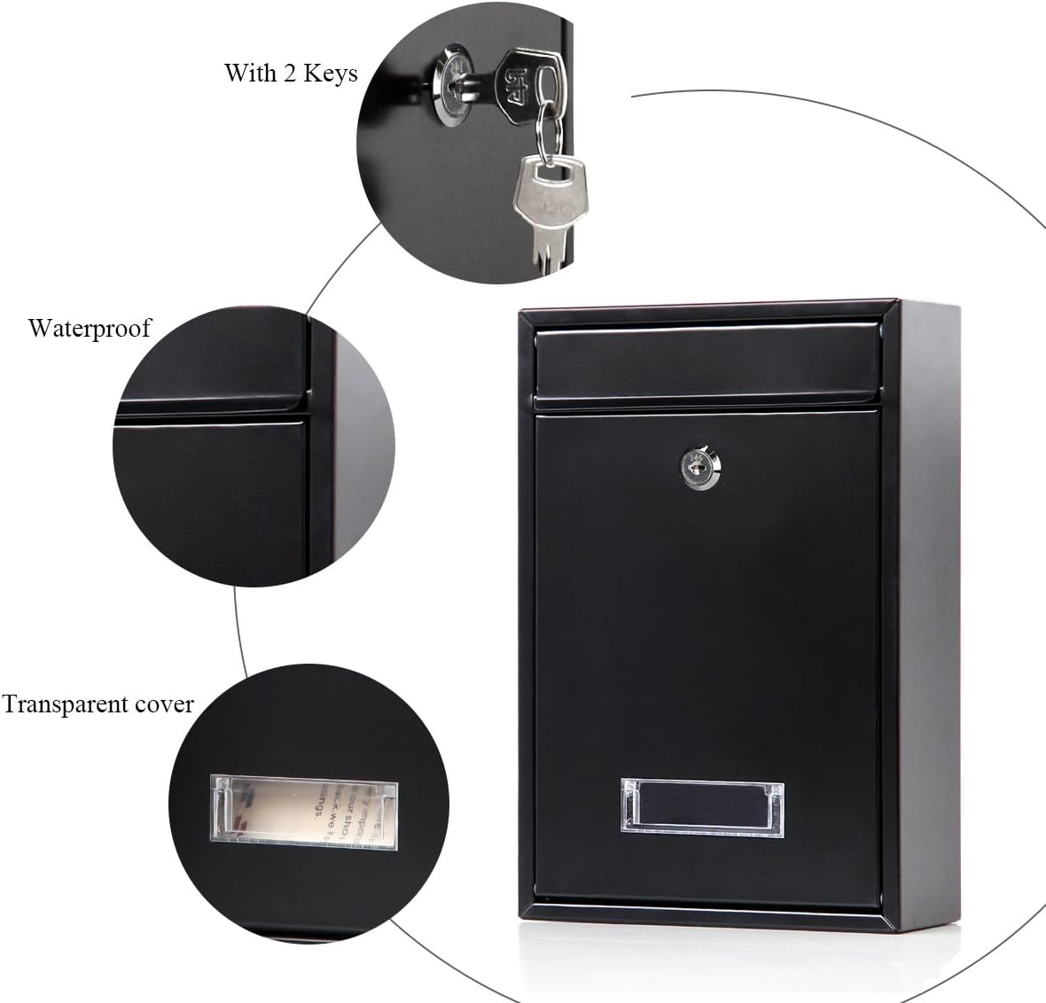 Locking Mailbox Wall Mounted Vertical – Key Lock Drop Box Medium Capacity Galvanized Steel Cover Rust-Proof Metal Post Box, Black