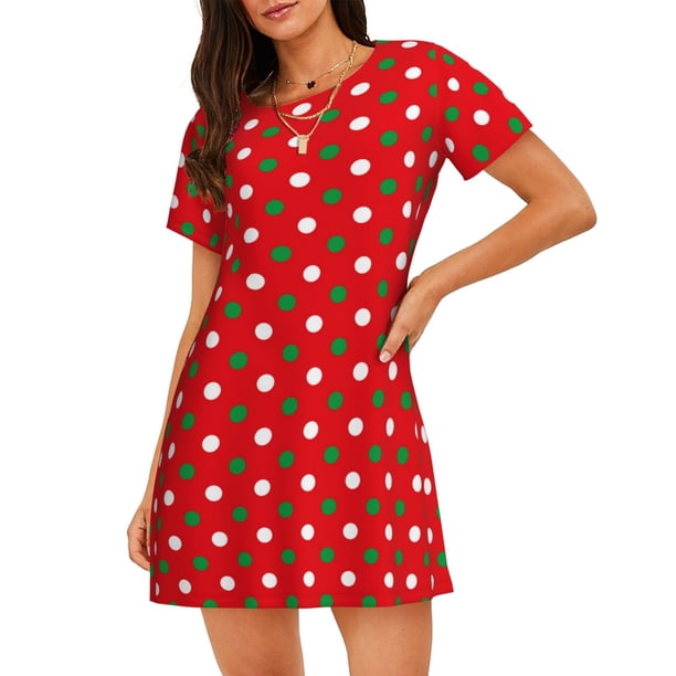 Balery White and Green Polka Dot Camisón de manga corta con cuello redondo para mujer, cómodo y elegante.