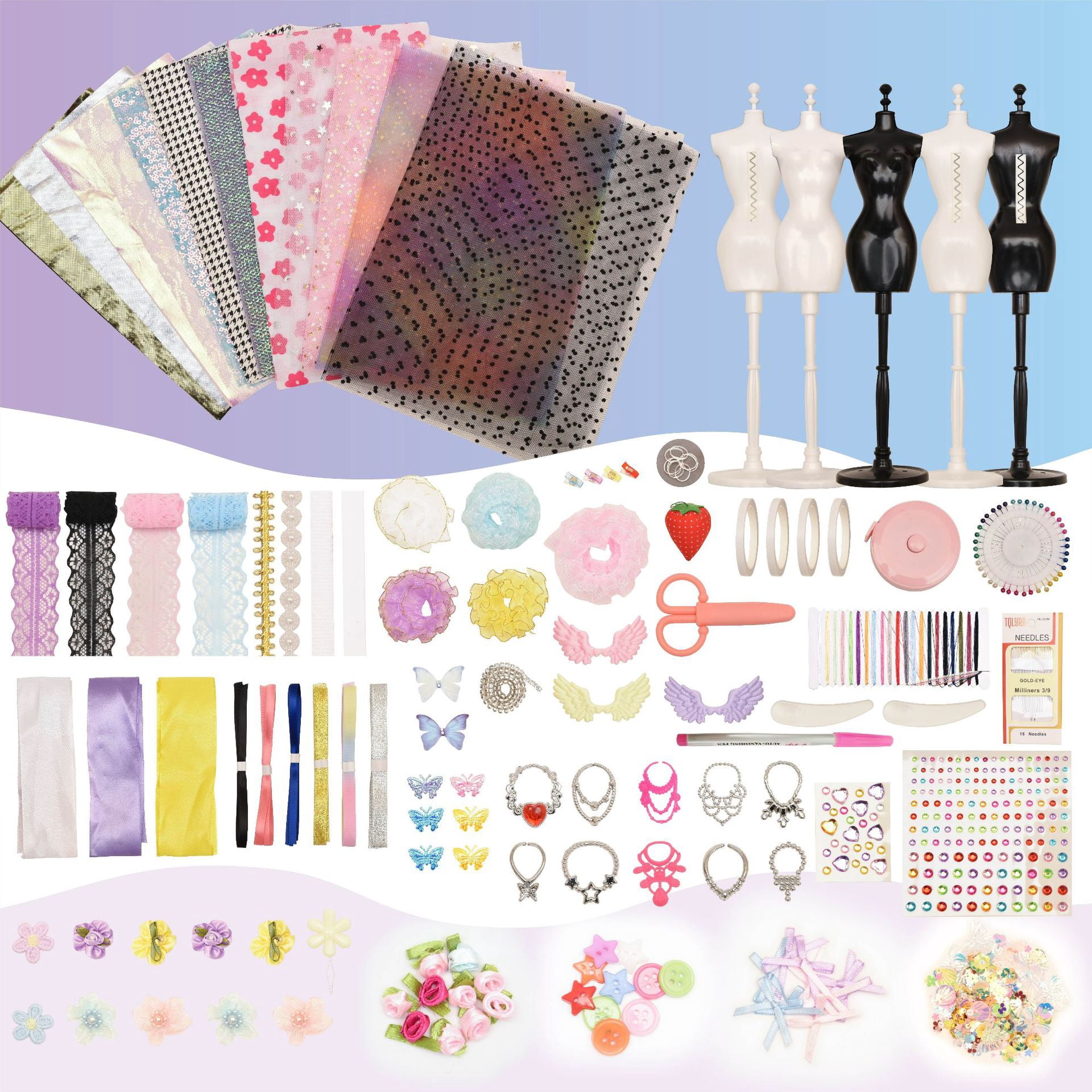 Fashion Design Kit for Girls,  DIY Sewing Craft Kit with Mannequins, Fabrics & Accessories, Create Stylish Outfits, Perfect Gift for Kids Ages 6+ To Learn Sewing & Boost Creativity