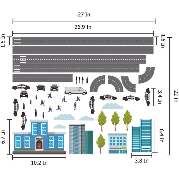 THE CITY - Vinyl Repositionable City Police Station Decal Sheet Adhesive Home Bedroom Wall Decoration - Multicolored Kids Bedroom Reusable Police Station Design Removable Wall Sticker 27" x 22"