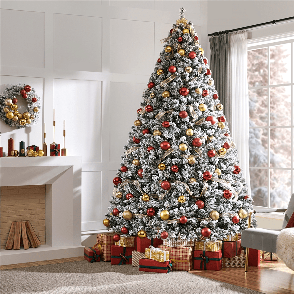 Alden Design 9 Ft Pre-Lit Flocked Artificial Christmas Tree with Foldable Stand, Green