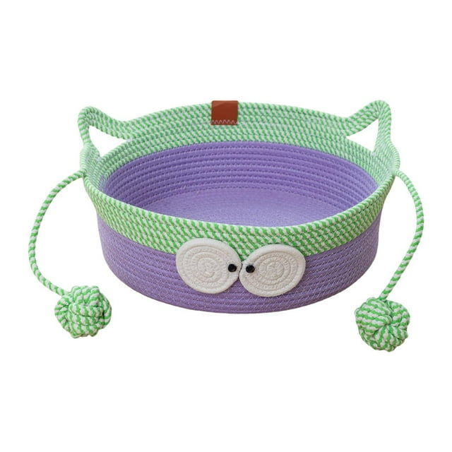 Cama de gato de algodón tejido a mano, almohadilla de gato de lino de algodón con diseño de oreja de gato, cama de gato redonda para gatos interiores sin alfombra fría