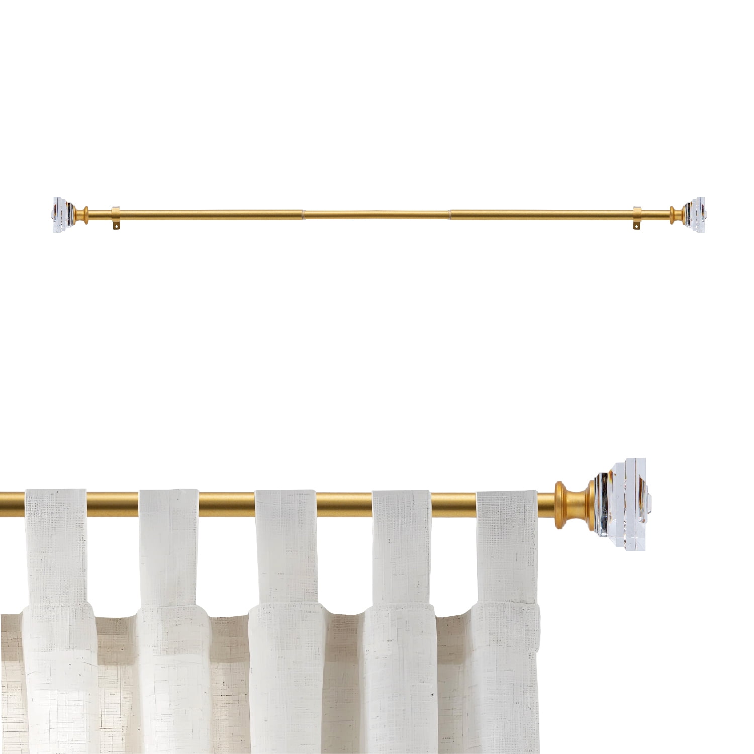 Curtain Rod Adjustable Window Drapery Rods with clear acrylic plexiglass square finials, 3piece brackets, hardware kits. Gold 28-48 inches.