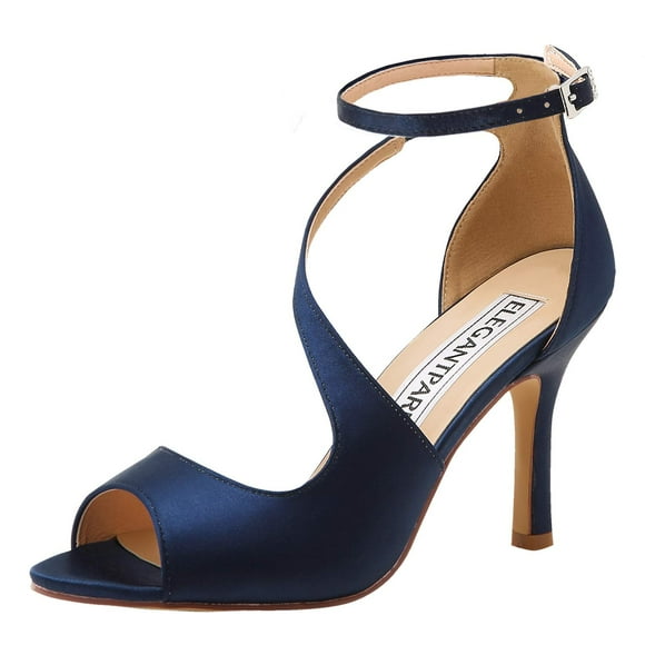 ELEGANTPARK HP1565 Wedding Shoes for Bride Sandals Peep Toe Wedding Heels for Women Ankle Strap High Heel Sandals Satin Bridal Evening Dress Shoes Navy Blue US 9