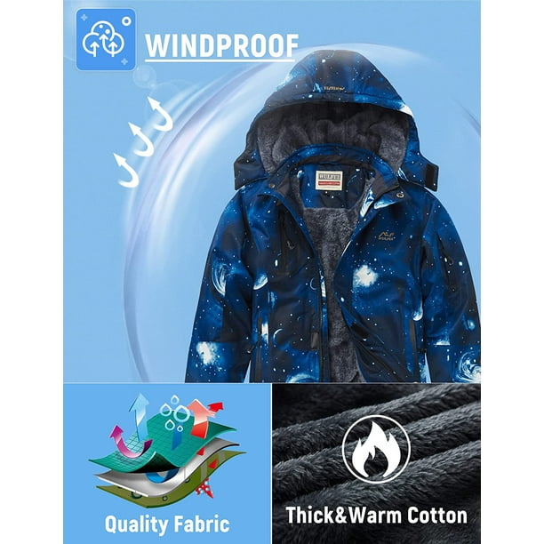Boy's Waterproof Ski Jacket Warm Fleece Hooded Windproof Winter
