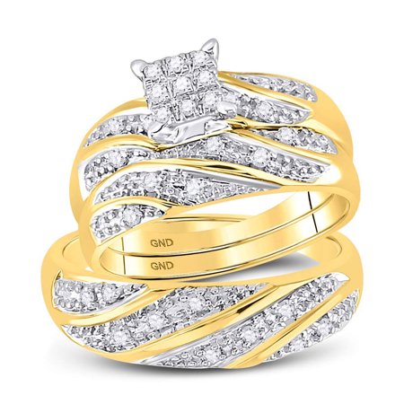 Gold Wedding Band Set - 10kt Yellow Gold His & Hers Round Diamond Cluster Matching Bridal Wedding Ring Band Set 1/3 Cttw