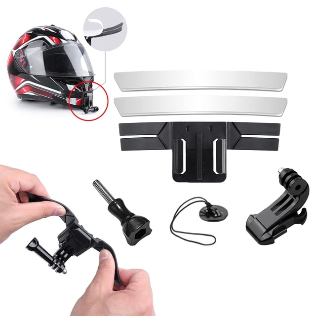soporte de montaje de barbilla para casco de motocicleta yotijar soporte para mentón montaje para cámara, piezas negras de plástico ABS: placa base curva con ranuras, dos tiras adhesivas plateadas, brazo articulado con tornillo, anclaje de tres puntas y cordón de seguridad; manos mostrando la abrazadera flexible; recuadro con el soporte fijado en un casco integral.
