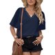 thumbnail image 1 of Camisa de manga corta de encaje Blusa de verano con manga de encaje fluida informal elegante con cuello en V de doble capa Azul oscuro L, 1 of 6
