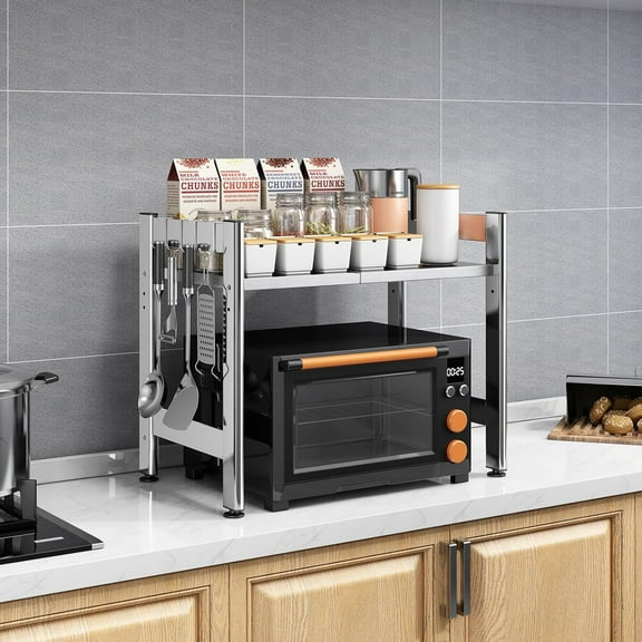 Adjustable Stainless Steel Microwave Oven Rack with 4 Hooks, Expandable Kitchen Storage Shelf