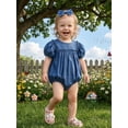 thumbnail image 5 of BemeyourBBs Newborn Baby Girls Summer Clothes Cute Western Cowgirl Outfits Infant Girl Denim Bubble Romper Puff Short Sleeve Round Neck Jeans Bodysuit and Headband Set, 5 of 9