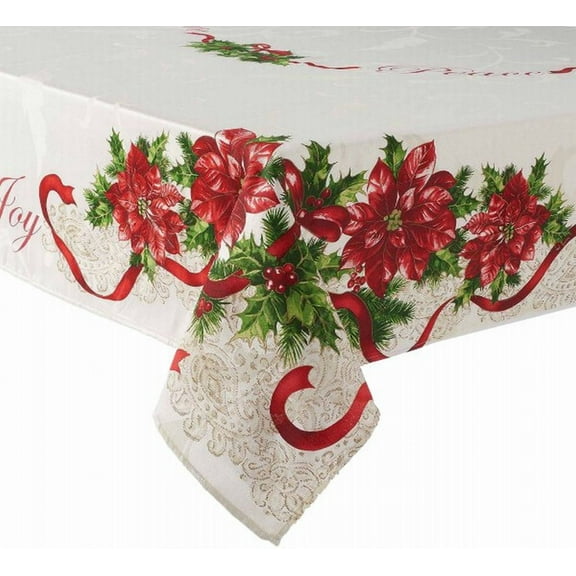 Christmas Traditions Fabric Tablecloth with Sentiments & Poinsettia 60x84