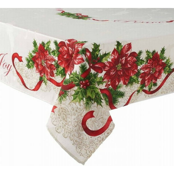 Christmas Traditions Fabric Tablecloth with Sentiments & Poinsettia