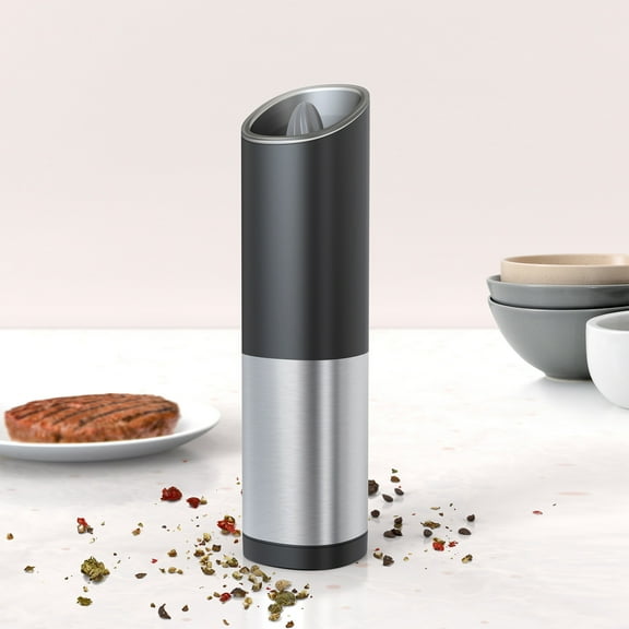 Electric Pepper Grinder | Battery Operated One-Hand Button Control | Adjustable Coarseness | LED Light | Refillable Black Stainless Steel Mill | 1 Piece | 85ml | 2.05x7.99in