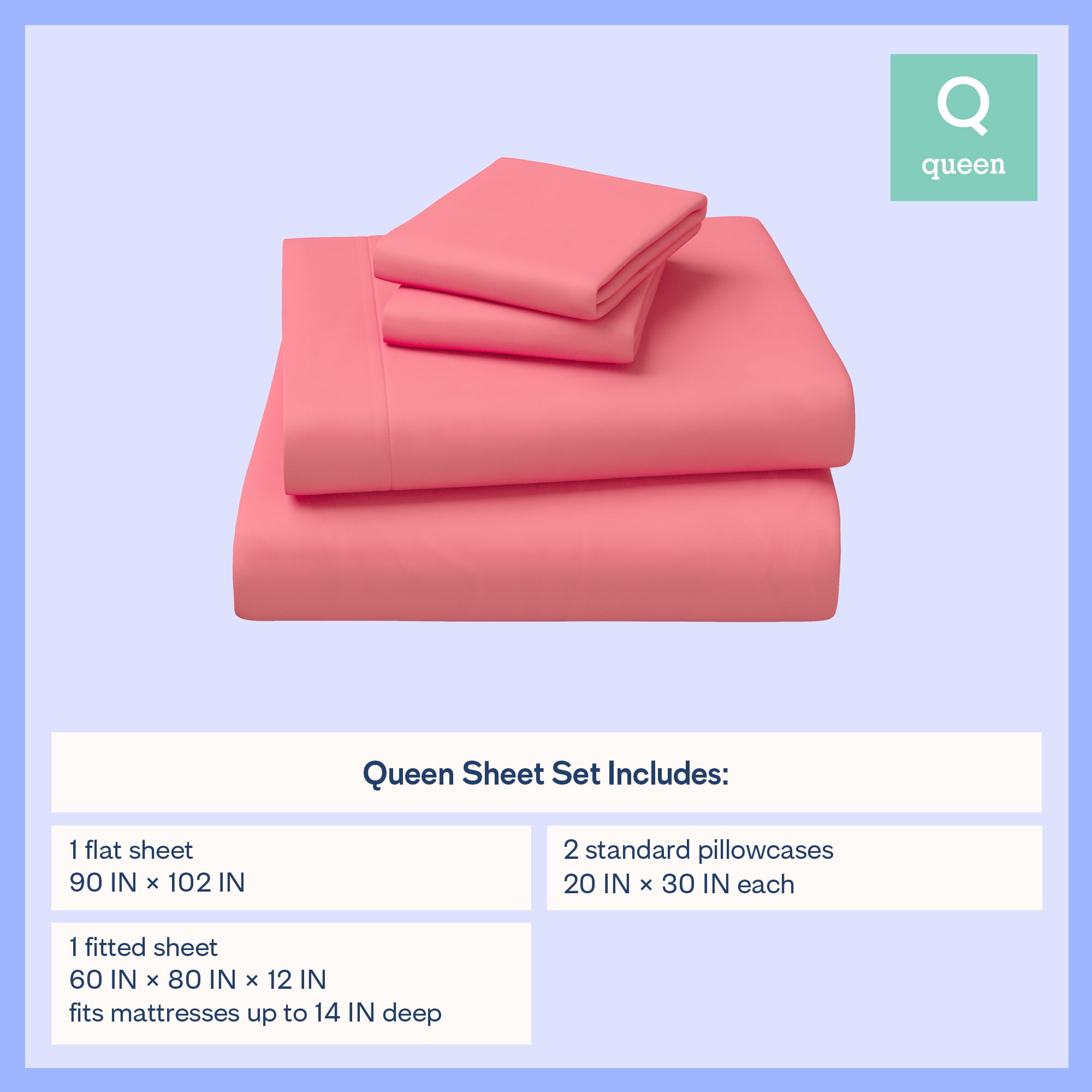 Mainstays Kids Microfiber Bed Sheet Set, Queen, Pink, 4 Pieces