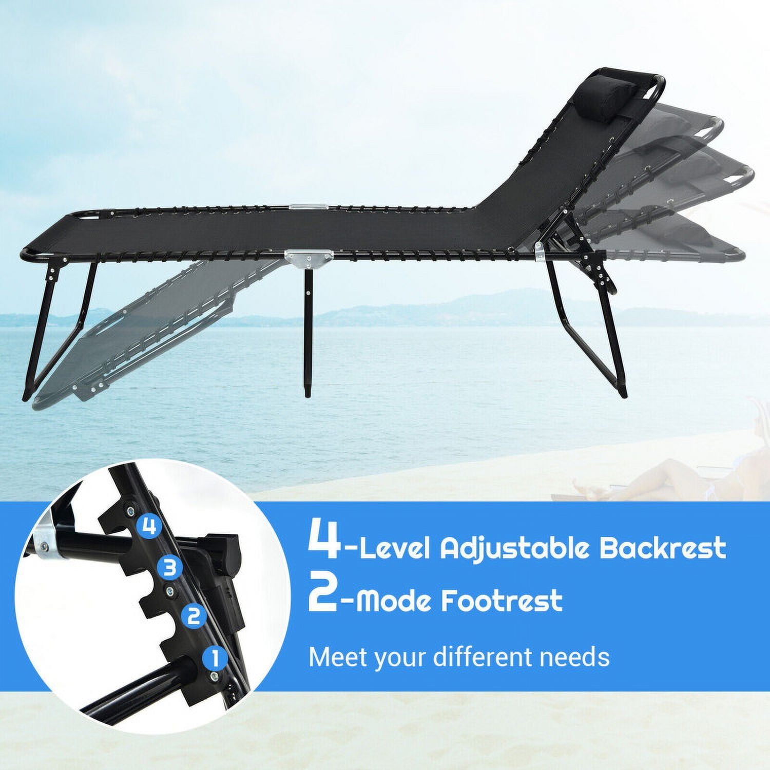 Aimee Lii 4 Position Folding Lounge Chaise with Adjustable Backrest and Footrest, Patio Loungers, Black Aimee Lii 4 Position Folding Lounge Chaise with Adjustable Backrest and Footrest, Patio Loungers, Black