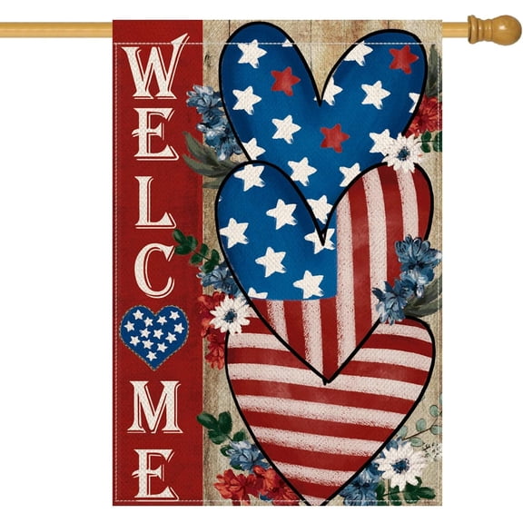 4th of July Love Heart House Flag 28x40 Inch Double Sided Outside, Welcome Independence Day Patriotic Stars and Stripes Yard Outdoor Decoration