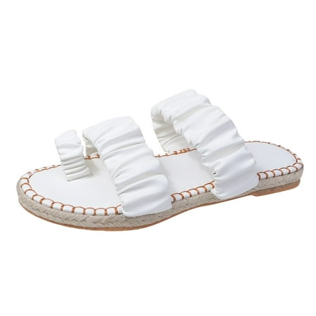 

ZTTD Fashion Summer Women Slippers Flat Solid Color Linen Sole Pleated Set Toe Comfortable Casual Women s Slipper A