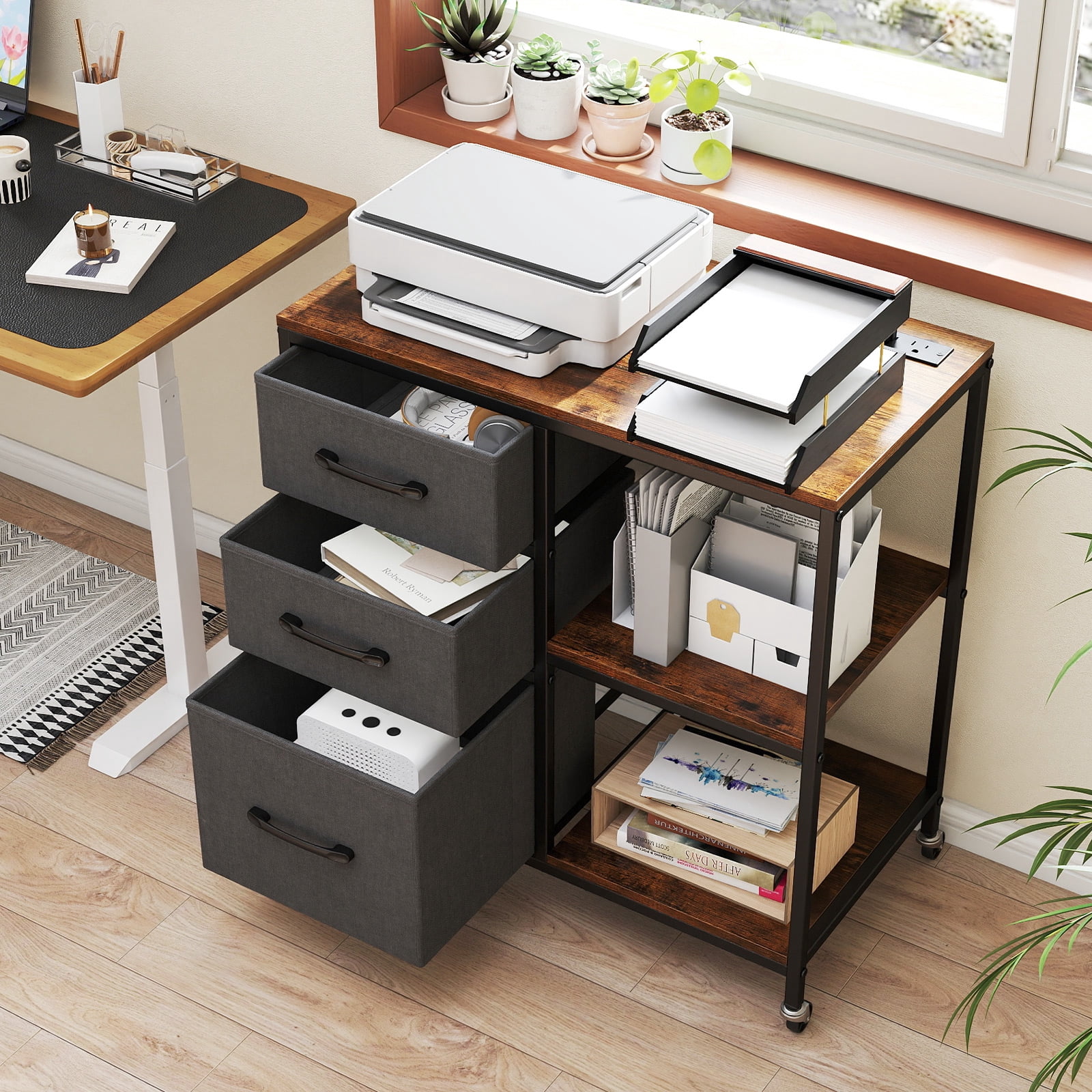 Gymax 3 Drawer Mobile File Cabinet w/ Charging Station Storage Cabinet on Wheels