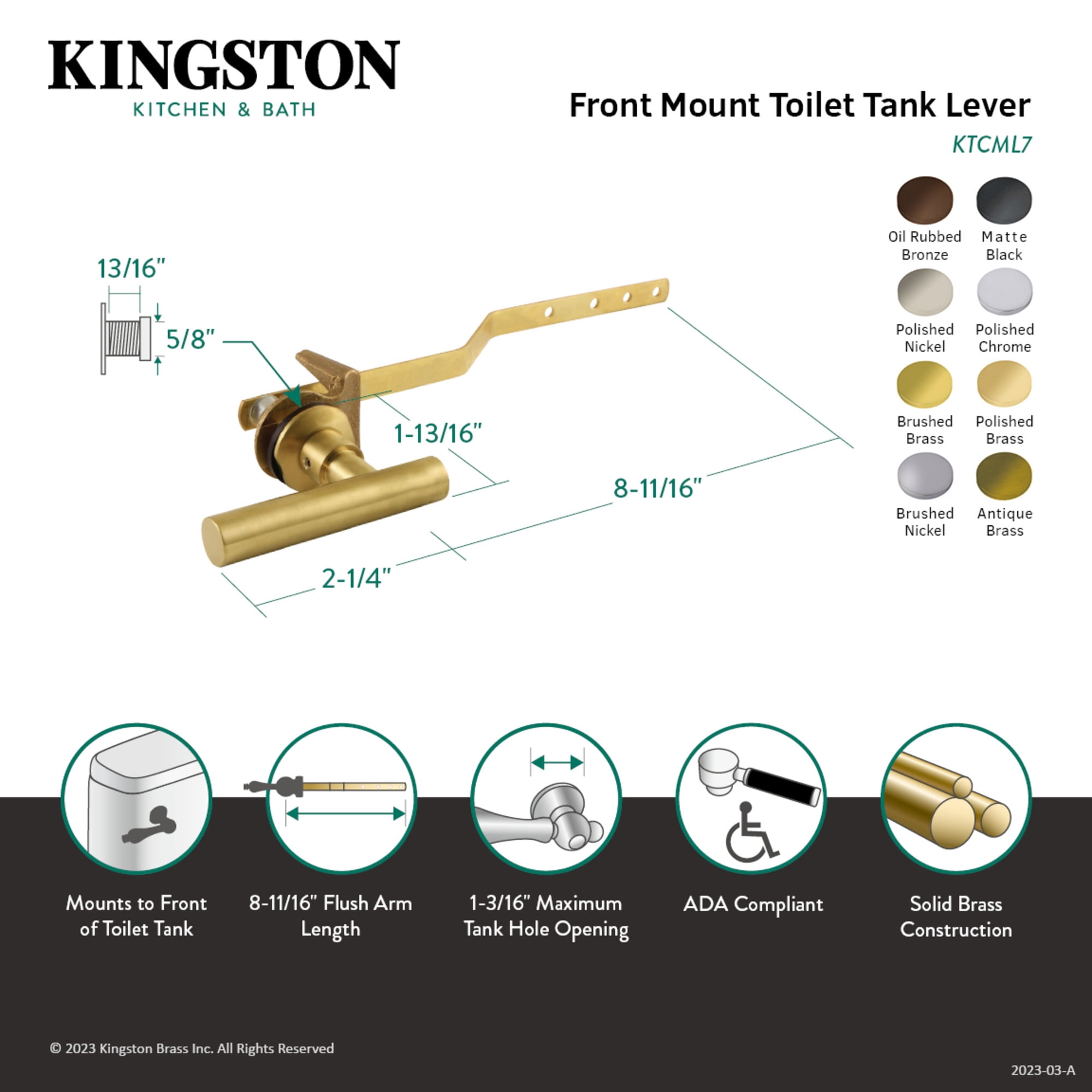 Kingston Brass KTCML7 Manhattan Front Mount Toilet Tank Lever, Left/Right Installation in Brushed Brass