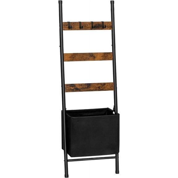Blanket Ladder with Basket, 17.3”L x 63.4”H, Towel Rack with Hooks, Blanket Holder Rack, Decorative Ladder Shelf, Drying and Display Rack for Bathroom, Living Room, Rustic Brown