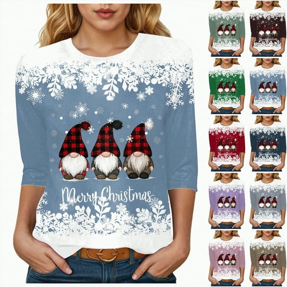 larppty Christmas Shirts for Women Trendy Xmas Gnome Graphic Tees 3/4 Sleeve Tops Crewneck Blouses Holiday Tshirts (Light Gray, M)