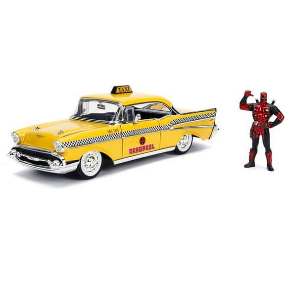 Marvel 1:24 1957 Chevy Bel-Air Taxi Die-cast Car with 2.75" Deadpool Figure Play Vehicles