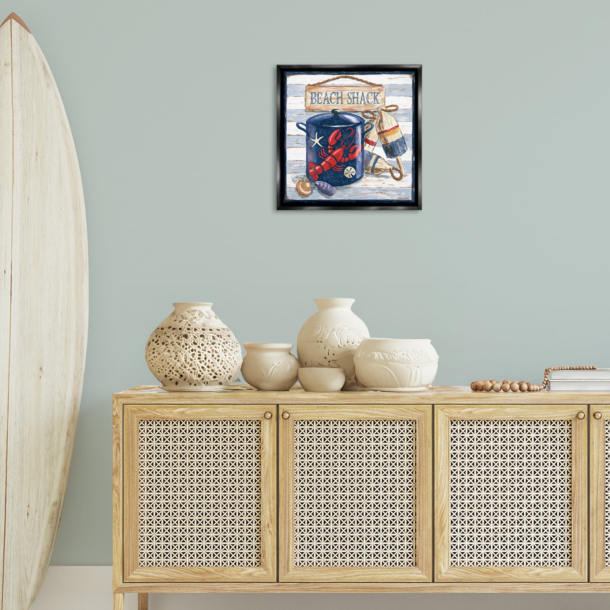 Stupell Industries Beach Shack on Stripes Nautical & Beach Painting Black Floater Framed Canvas Art Print Wall Art, 18 x 18