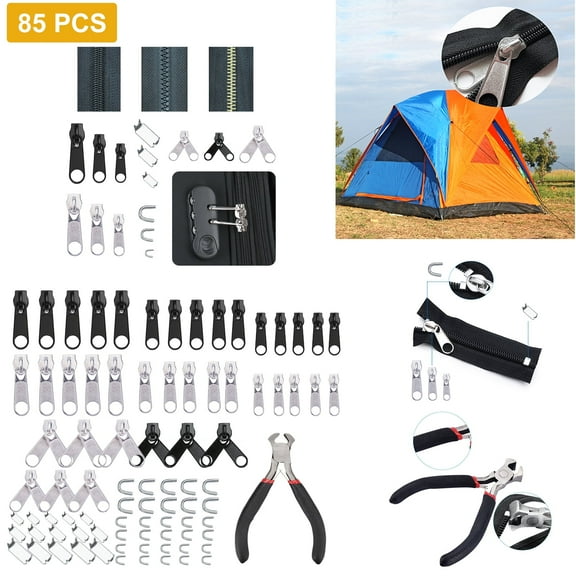 85 Pieces Zipper Repair Kit Zipper Replacement Zipper with Instruction Manual and Zipper Install Pliers Tool for Sewing Luggage Jackets Coat Jeans, Black and Silver